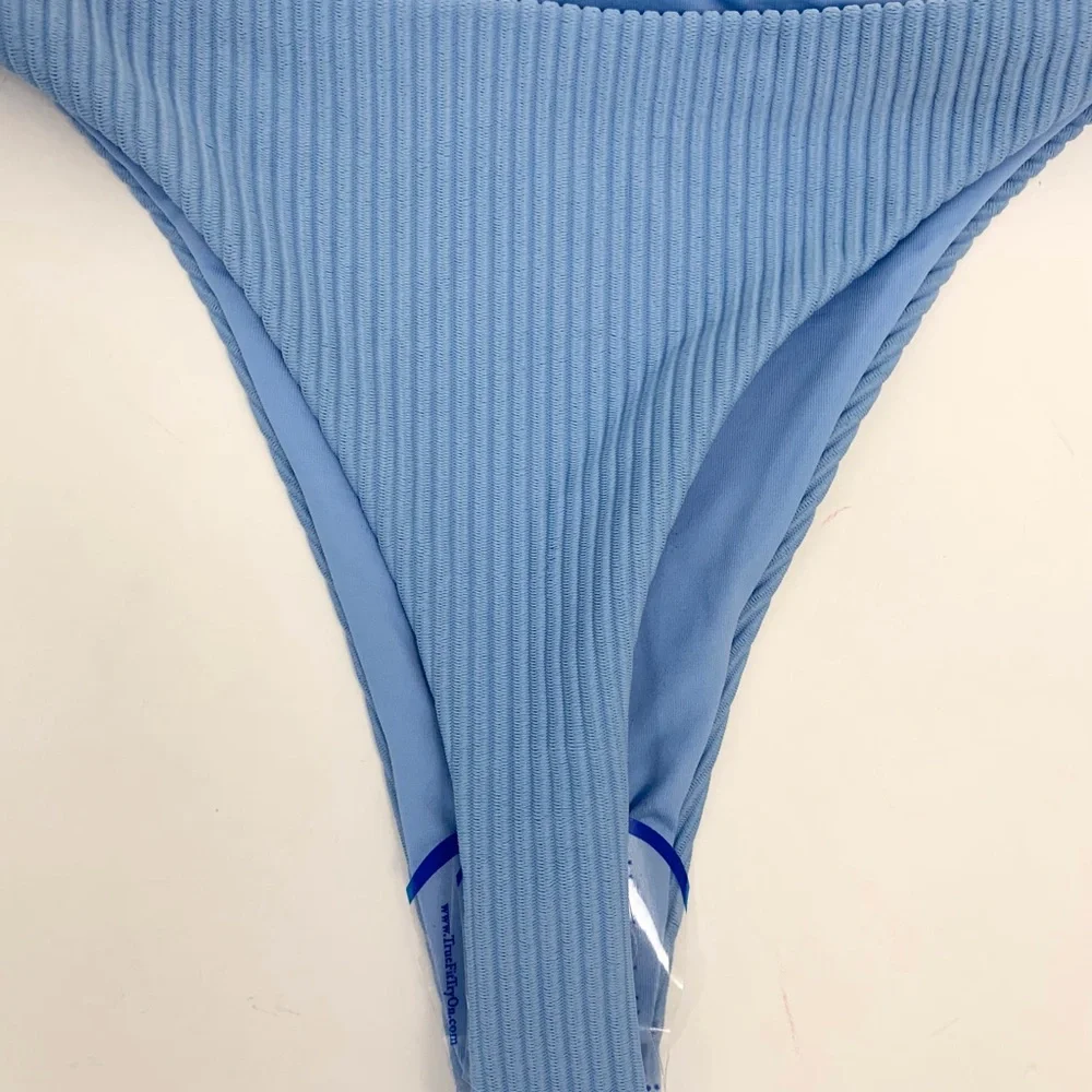 Frankie’s Bikinis Blue Sky Ribbed Side Tie Bottoms Sz L